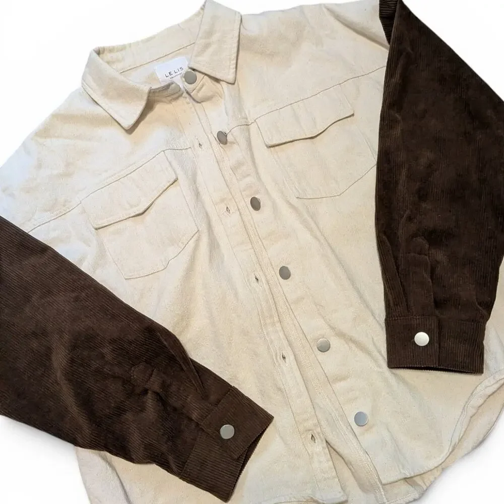 Lelis Collection Cream Button Up Jacket With Pockets And Brown Corduroy Sleeves